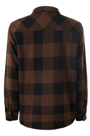 The Yakka Legends Sherpa with FREE Beanie is shown from the back in a brown and black checkered flannel design, featuring long sleeves, a collar, and buttoned cuffs.