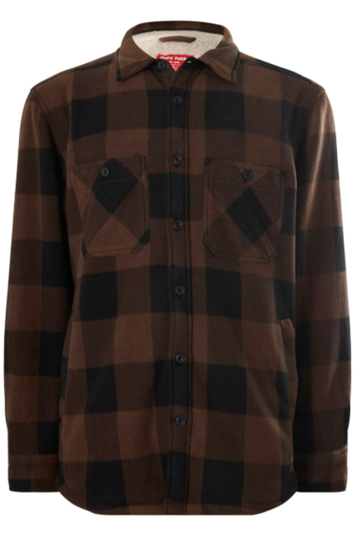 The Yakka Legends Sherpa, a brown and black plaid flannel shirt with long sleeves, button-down front, and two chest pockets, is shown on a plain white background. Comes with a FREE beanie.
