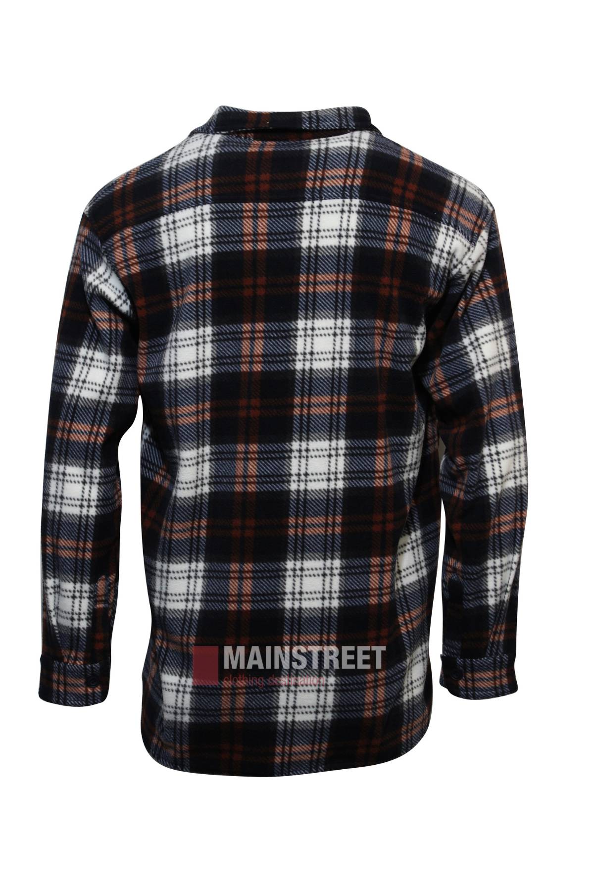 The Adventureline Drovers Shirt features long sleeves and large black, white, and orange plaid checks in soft flannel, shown from the backβideal for outdoor adventures.