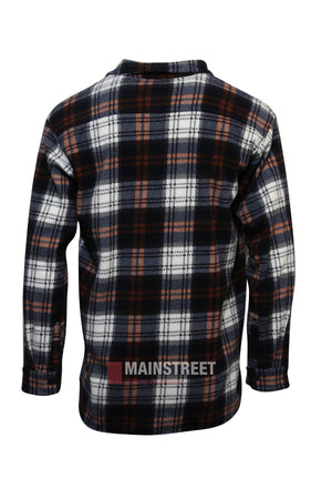 The Adventureline Drovers Shirt features long sleeves and large black, white, and orange plaid checks in soft flannel, shown from the backβideal for outdoor adventures.