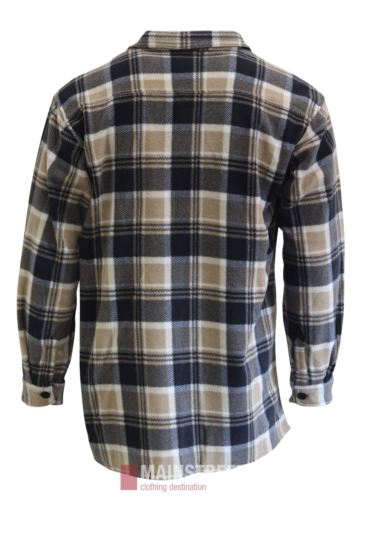 The Adventureline Drovers Shirt features long sleeves, a button-up front, a collar, and buttoned cuffs. Shown from the back in black, beige, and white plaid—perfect for your next outdoor adventure.