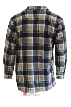 The Adventureline Drovers Shirt features long sleeves, a button-up front, a collar, and buttoned cuffs. Shown from the back in black, beige, and white plaid—perfect for your next outdoor adventure.