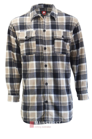 The Adventureline Drovers Shirt is a long-sleeve, button-up shirt made from cozy Polar Fleece in a black, beige, and white plaid with two chest pockets—ideal for outdoor adventures and shown on a plain white background.