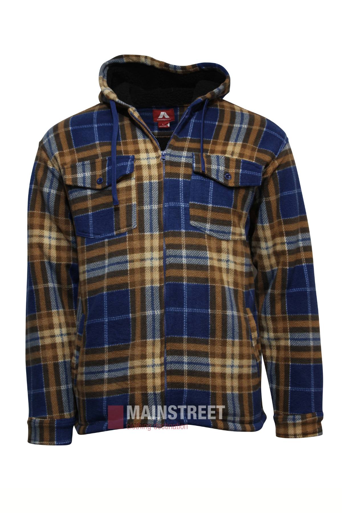 The Adventureline Sherpa Nomad Hoodie is a hooded, zip-up plaid jacket in blue, brown, and beige with sherpa lining for warmth. It features two chest flap pockets, a black drawstring hood, and the MAINSTREET logo at the hem.