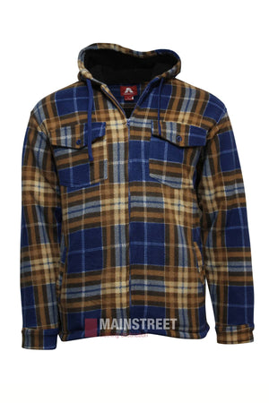 The Adventureline Sherpa Nomad Hoodie is a hooded, zip-up plaid jacket in blue, brown, and beige with sherpa lining for warmth. It features two chest flap pockets, a black drawstring hood, and the MAINSTREET logo at the hem.