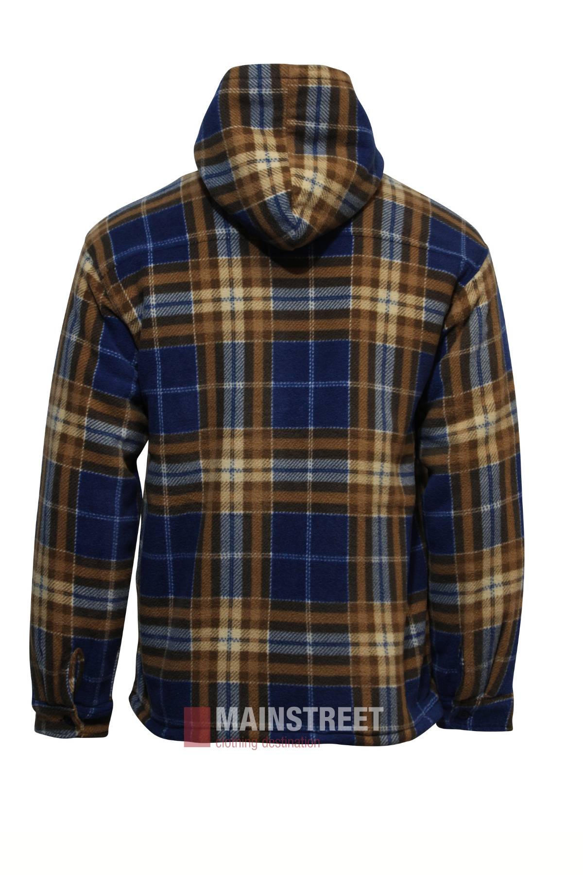 The Adventureline Sherpa Nomad Hoodie, shown from the back in blue, brown, and beige plaid, features cozy sherpa lining—ideal for cool weather or your next Adventureline outing.