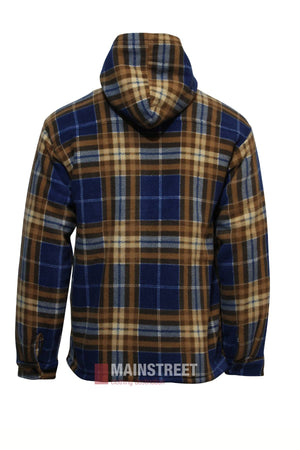 The Adventureline Sherpa Nomad Hoodie, shown from the back in blue, brown, and beige plaid, features cozy sherpa lining—ideal for cool weather or your next Adventureline outing.