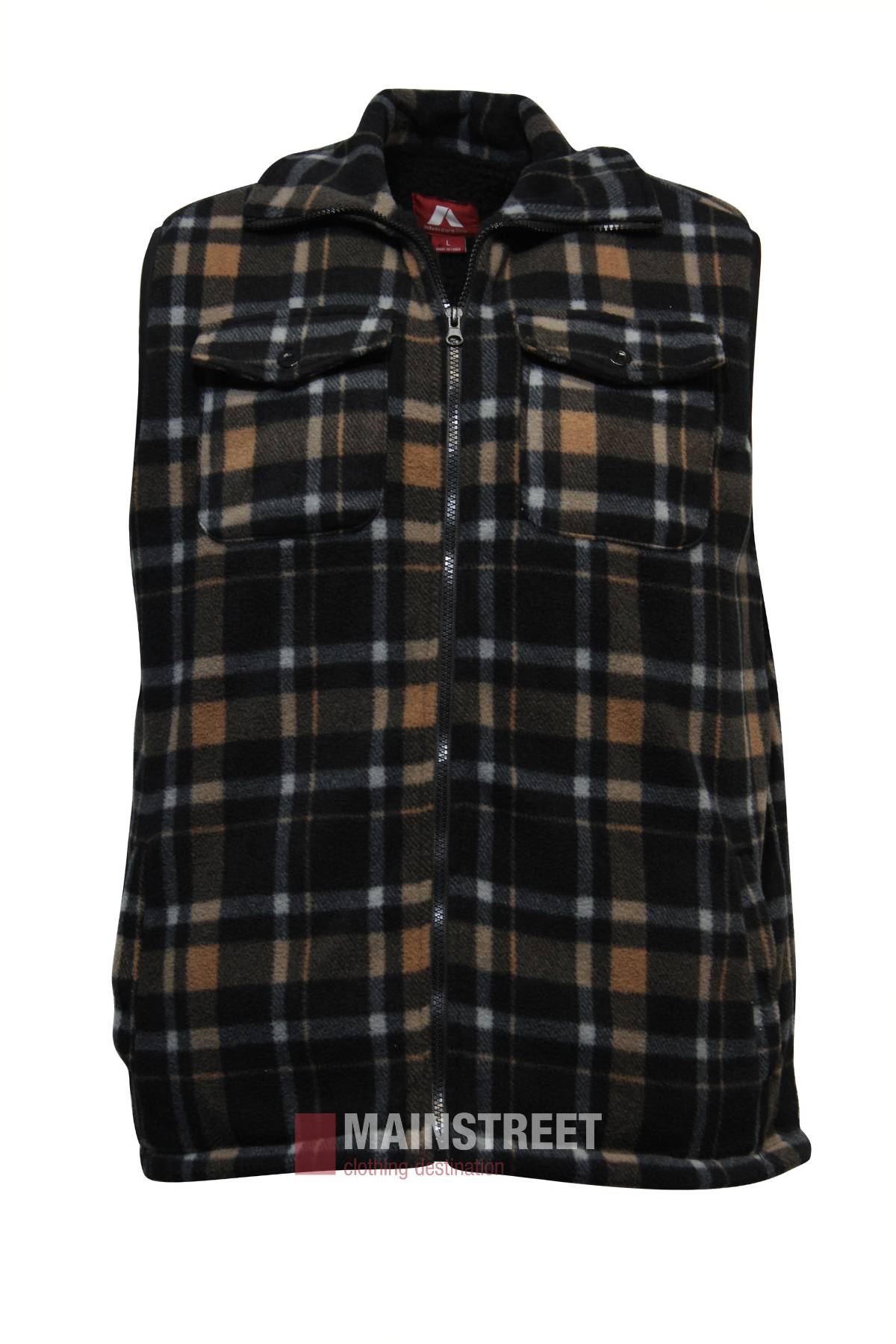 The Adventureline Sherpa Shearers Vest is a sleeveless plaid fleece vest with a zip front, black, brown, and white check pattern, sherpa lining for warmth, and two chest pockets, shown against a white background.