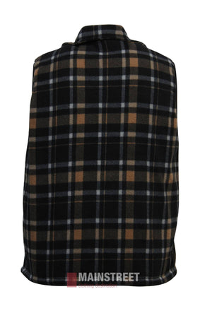 Black fleece Adventureline Sherpa Shearers Vest with brown, white, and gray plaid pattern shown from the back. Features a sleeveless design, zip front, and subtle "MAINSTREET" branding at the bottom.
