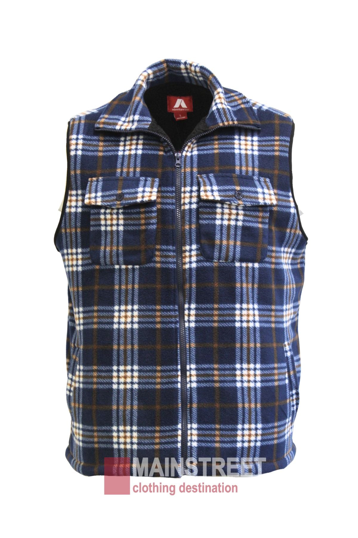 The Adventureline Sherpa Shearers Vest in blue, white, and brown plaid features a rugged fleece design with a zipper front and two chest pockets, shown on a white background. The MAINSTREET clothing destination logo is visible at the bottom.
