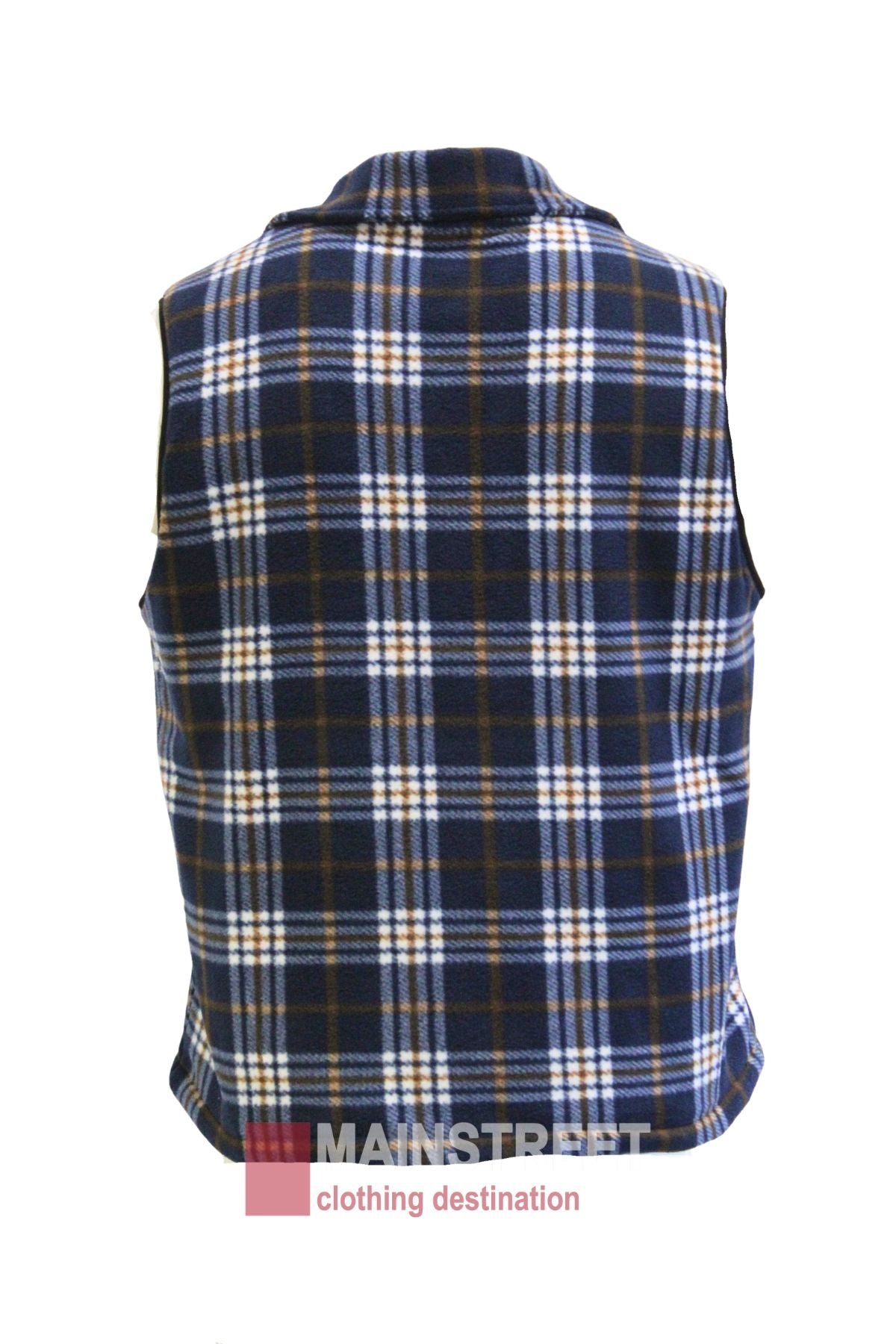 The Adventureline Sherpa Shearers Vest is a sleeveless plaid men’s vest with a blue, white, and brown checkered pattern, shown from the back. The MAINSTREET clothing destination logo appears at the bottom.