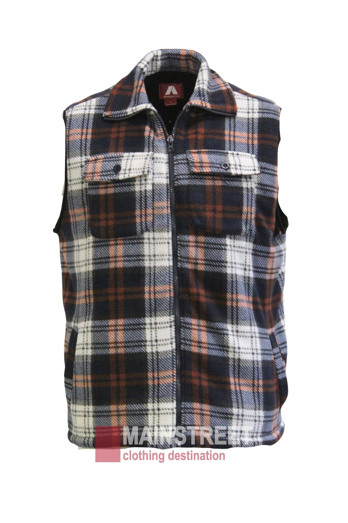 The Adventureline Sherpa Shearers Vest is a sleeveless, zip-front vest featuring black, white, and orange plaid checks, two flap chest pockets, and a collar. Displayed on a white background, this rugged outerwear suits any adventure.