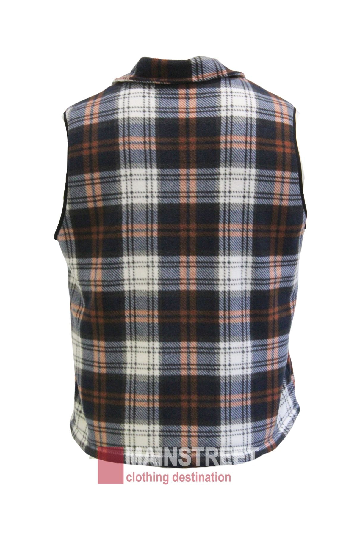 The Adventureline Sherpa Shearers Vest is a sleeveless plaid vest in navy blue, orange, and white with a soft flannel feel, classic collar, and rugged style. Shown from the back.
