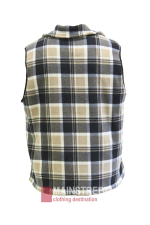 The Adventureline Sherpa Shearers Vest is a sleeveless rugged plaid vest in black, white, and beige tones, displayed from the back on a plain white background.