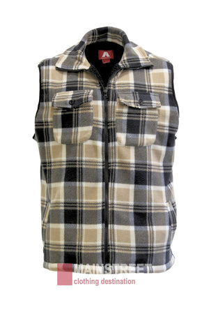The Adventureline Sherpa Shearers Vest is a sleeveless plaid polar fleece with a front zipper, two flap chest pockets, and a black, beige, and white checkered pattern. "Mainstreet clothing destination" logo adds rugged style at the bottom.