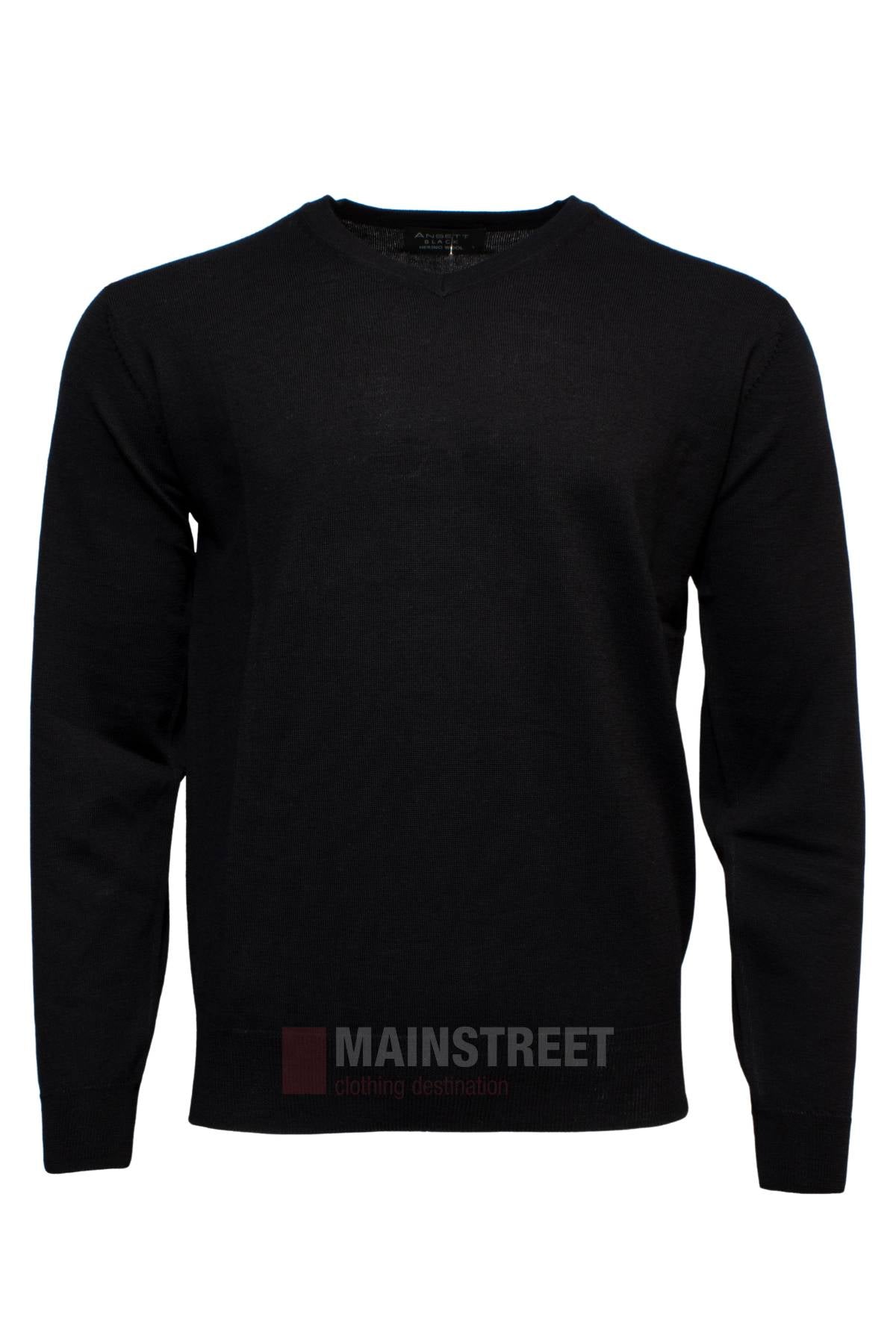 The Ansett Black Merino Wool Vee Neck is a soft, machine-washable Australian Merino sweater, ideal for smart casual outfits. Shown on a white background.