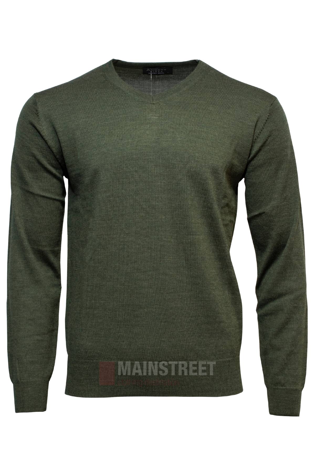 Ansett Black Merino Wool Vee Neck: a luxurious long-sleeve V-neck sweater in olive green, made from premium Australian Merino wool with ribbed cuffs and hem. Shown on a plain white backgroundβideal for smart casual wear.