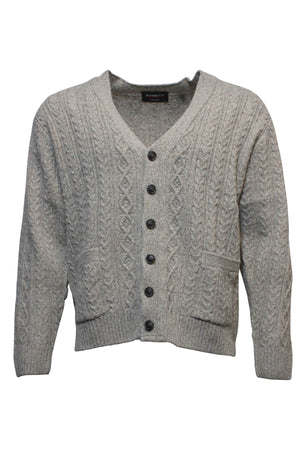 The Ansett Pure New Wool Cardigan in light grey features black front buttons, a V-neckline, ribbed cuffs and hem, two front pockets, and is displayed against a plain white background.