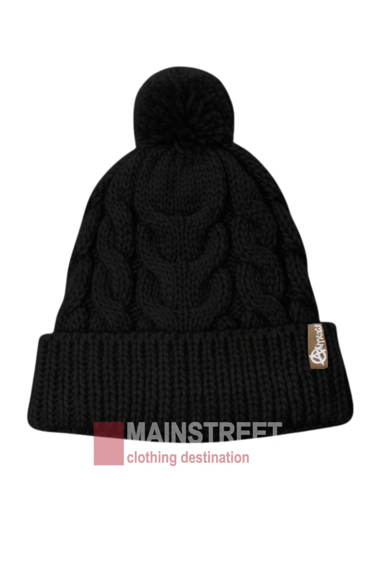 The Anticorp Ladies Cable Lined Beanie is a black cable knit beanie with a folded brim and playful pom-pom, featuring a small brown logo tag. "MAINSTREET clothing destination" appears overlaid at the bottom.
