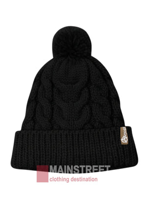 The Anticorp Ladies Cable Lined Beanie is a black cable knit beanie with a folded brim and playful pom-pom, featuring a small brown logo tag. "MAINSTREET clothing destination" appears overlaid at the bottom.