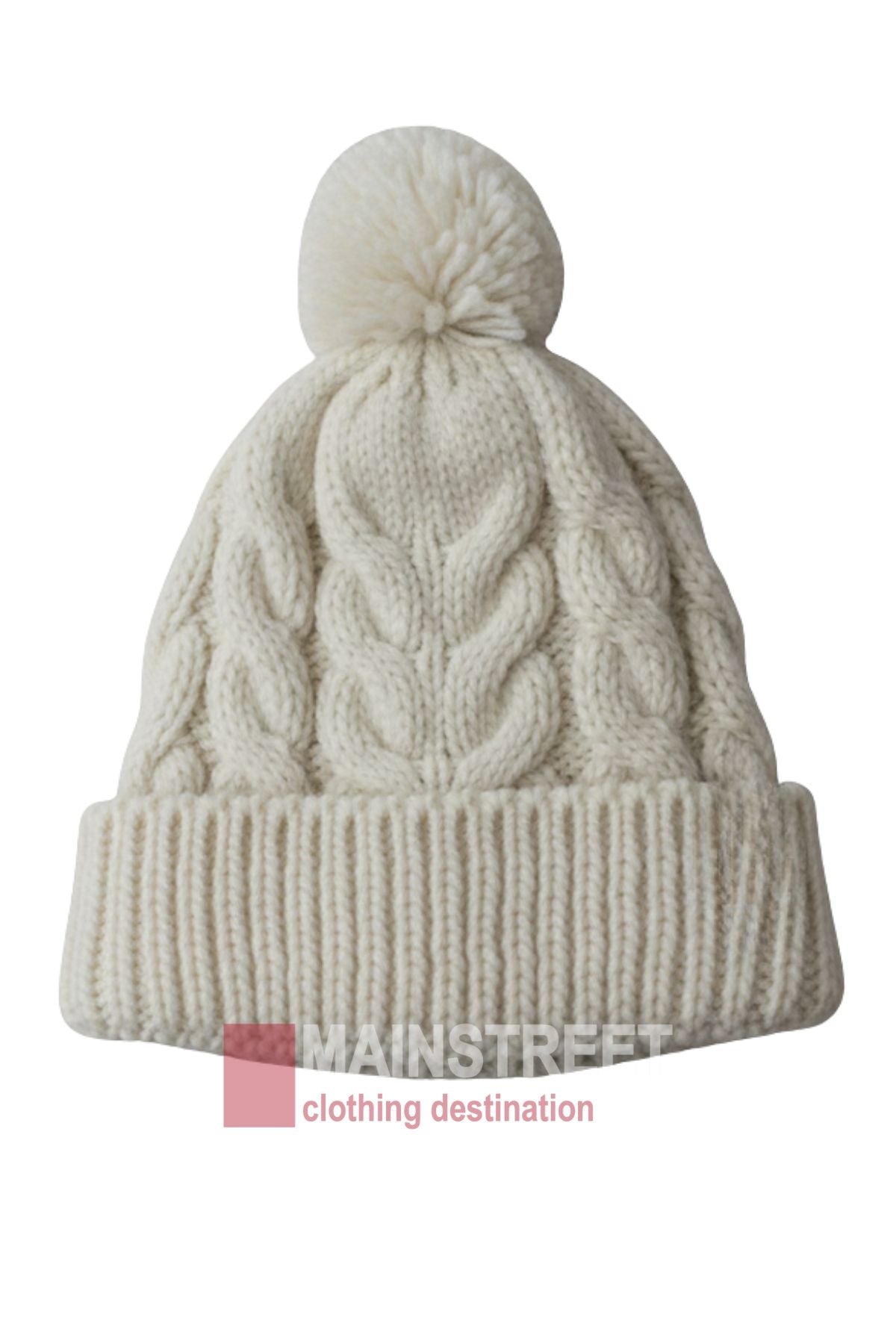 The Anticorp Ladies Cable Lined Beanie is a cozy, cream cable knit beanie with a thick pattern, folded brim, and playful pom-pom—perfect for chilly days. "MANSTREET clothing destination" appears at the bottom of the image.