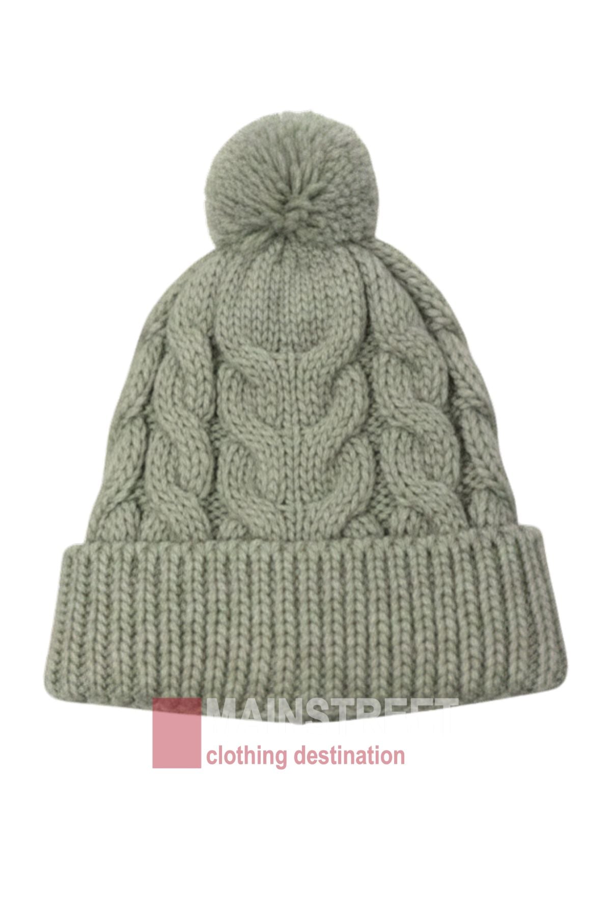 The Anticorp Ladies Cable Lined Beanie is a light gray womenβs beanie with a chunky cable knit, folded brim, and playful pom-pom. "MAINSTREET clothing destination" appears partially at the bottom.