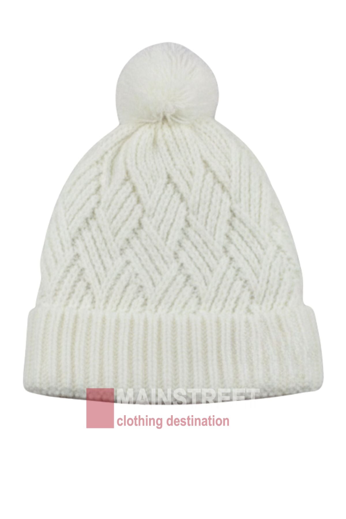 The Anticorp Ladies Herringbone Beanie is a white knit winter hat for women with a folded brim, diamond pattern, and pom-pom on top. "MAINSTREET clothing destination" appears at the bottom.