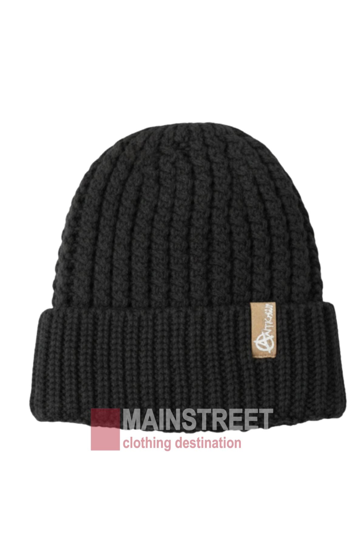 The Anticorp Ladies Ribbed Lined Beanie is a black, ribbed knit hat with a folded brim and small brown logo tag. The cosy winter accessory features the MAINSTREET clothing destination logo overlaid at the bottom of the image.