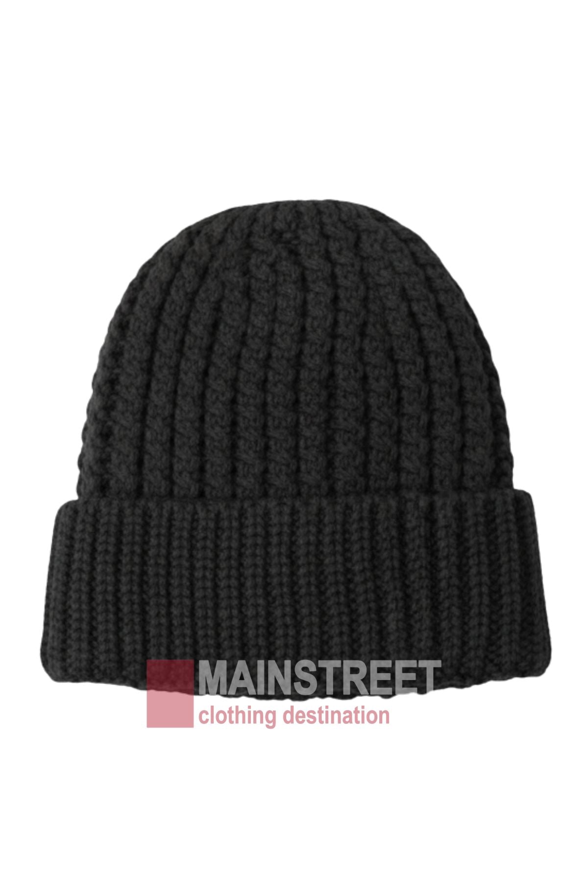 The Anticorp Ladies Ribbed Lined Beanie, a black, cosy winter hat with a folded brim, is shown against a white background. "MAINSTREET clothing destination" appears partially over the brim.