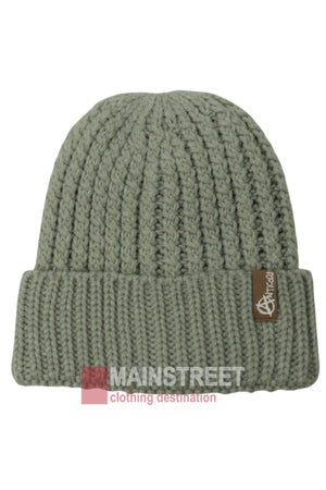 The Anticorp Ladies Ribbed Lined Beanie is a light gray winter hat with a folded brim and a small brown patch with a white logo on the side, shown against a plain white background.