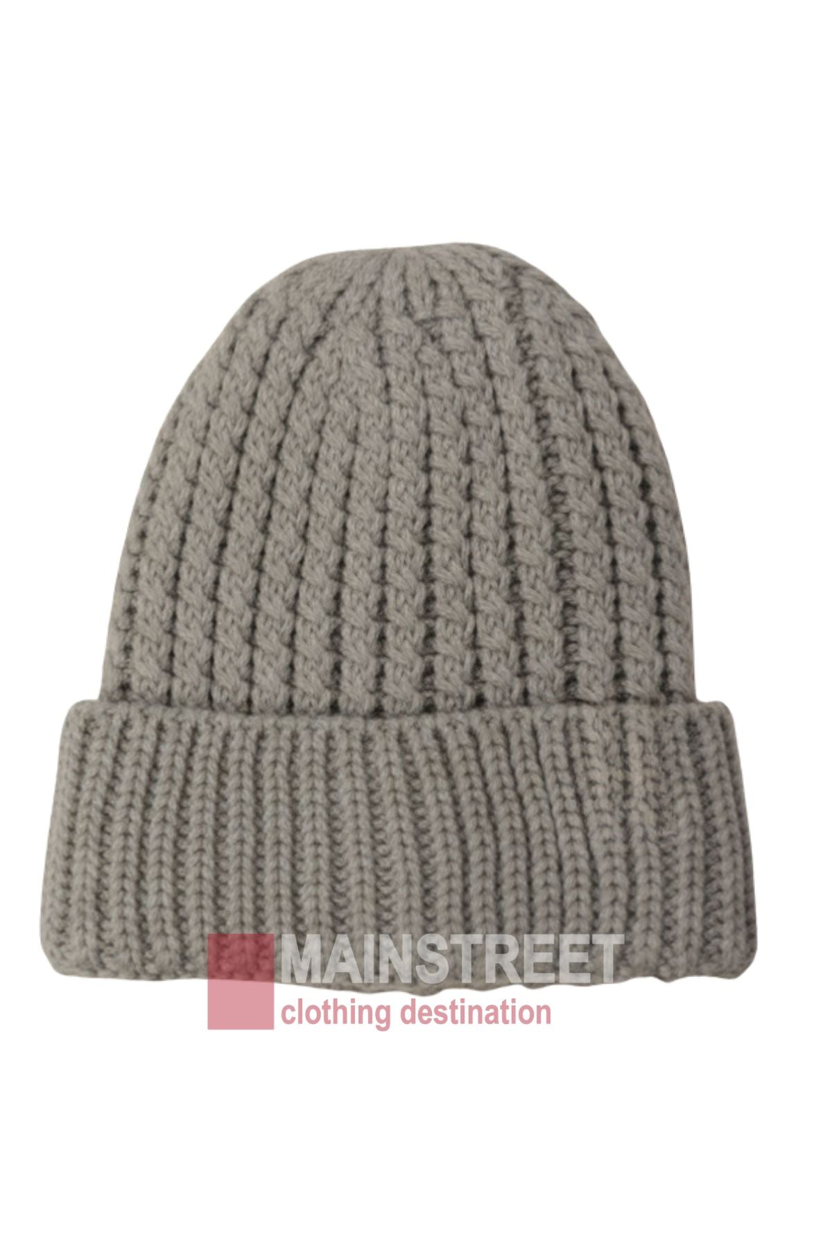 The Anticorp Ladies Ribbed Lined Beanie in gray, featuring a folded brim, is shown on a white background with the “Mainstreet clothing destination” logo displayed at the bottom.