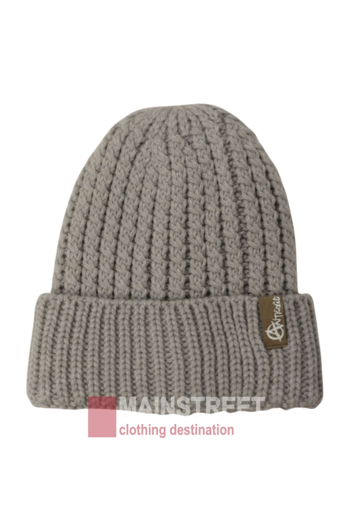 The Anticorp Ladies Ribbed Lined Beanie is light gray with a folded brim and a small brown logo tag, shown against a plain white background.