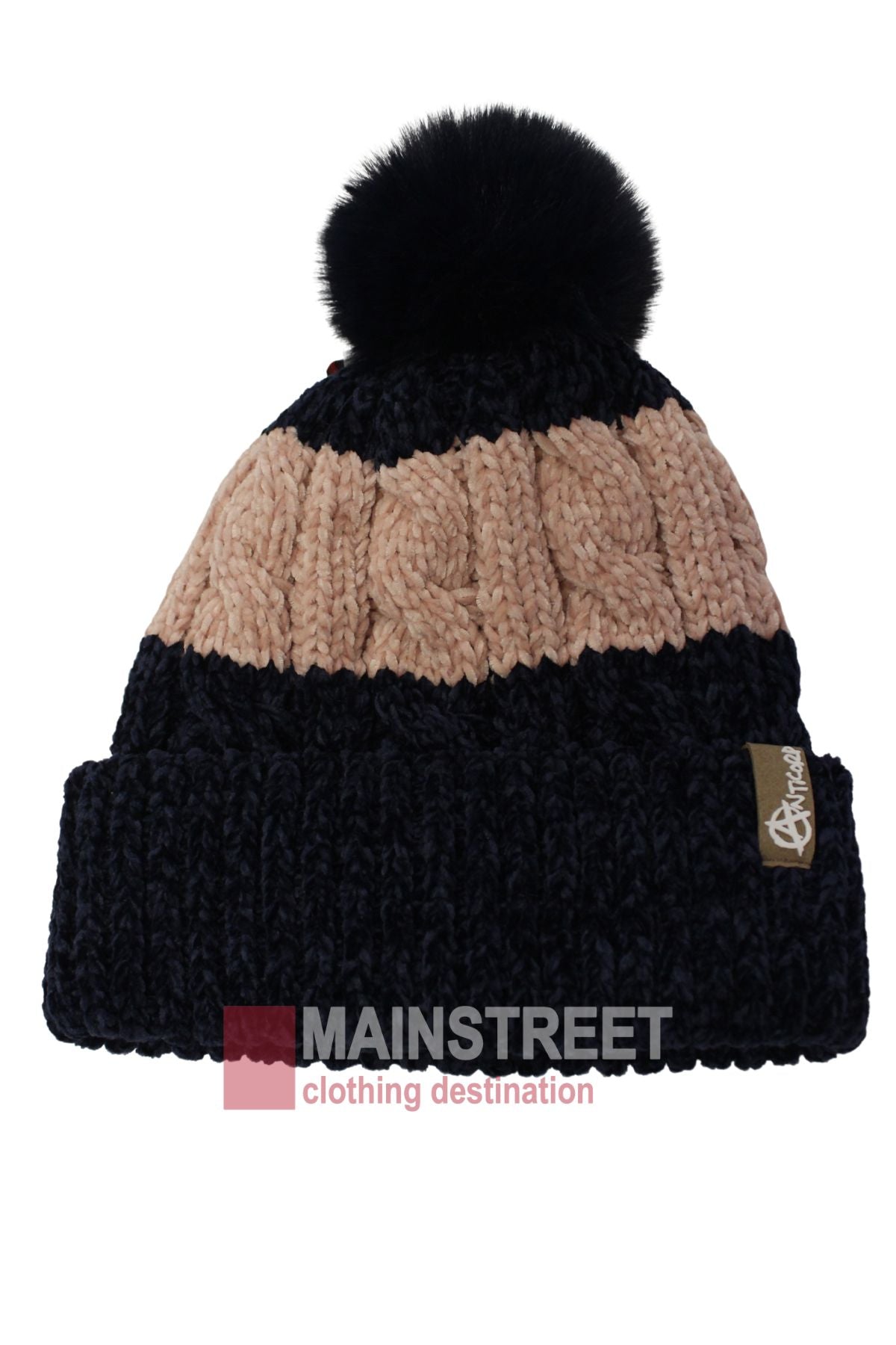 The Anticorp Ladies Snowbunny Lined Beanie features a fleece lining, dark blue base, tan zigzag pattern, folded brim with a small brown tag, and a large black pom-pom—your winter essential from Mainstreet Clothing Destination.