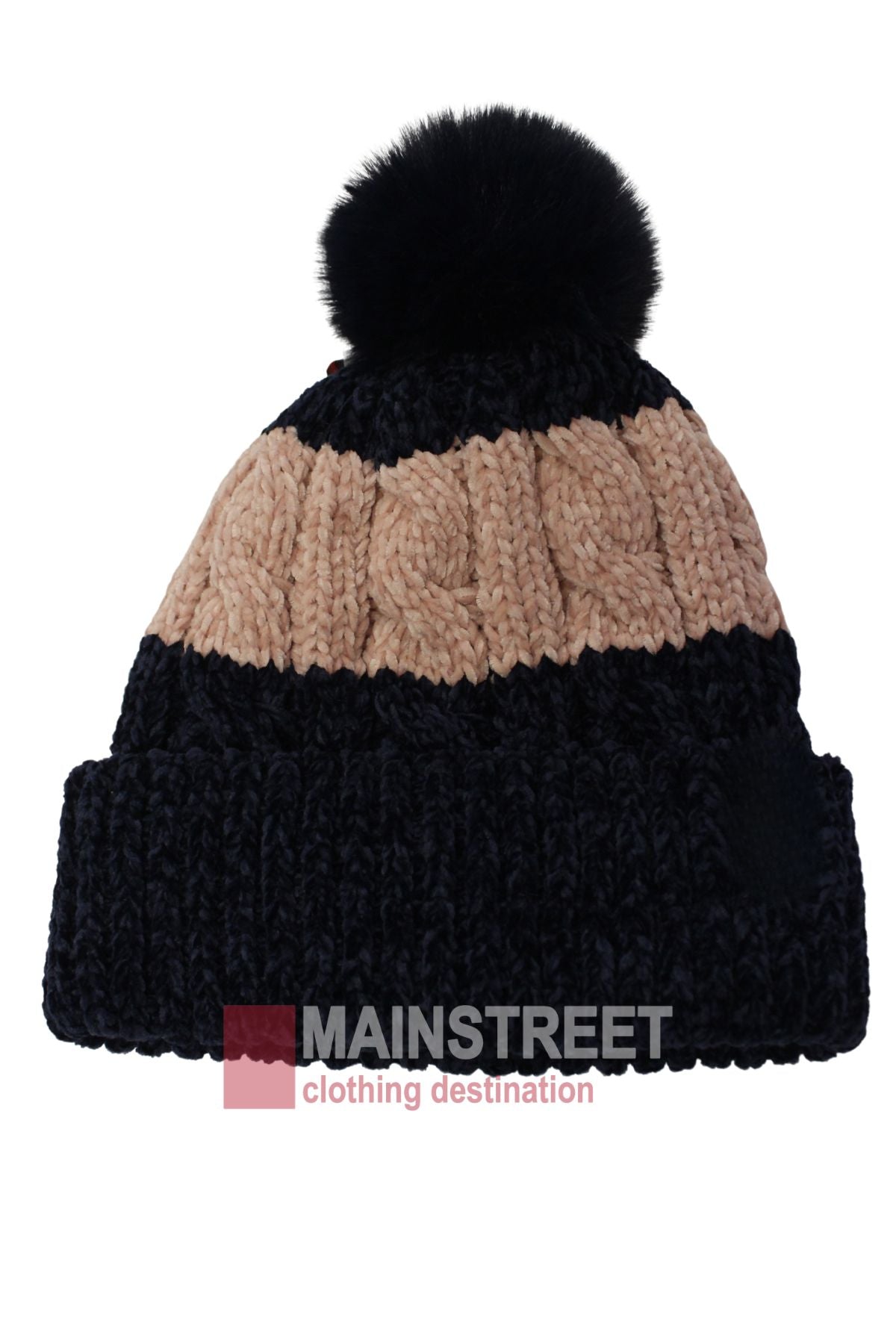 The Anticorp Ladies Snowbunny Lined Beanie features a fleece lining, black lower section, beige upper, folded brim, large black pom-pom, and showcases the Mainstreet Clothing Destination logo at the bottom of the image.