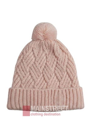 A light pink Anticorp Ladies Herringbone Beanie featuring a textured chevron pattern, a folded brim, and a pom-pom on top. "MAINSTREET clothing destination" appears at the bottom of the image.