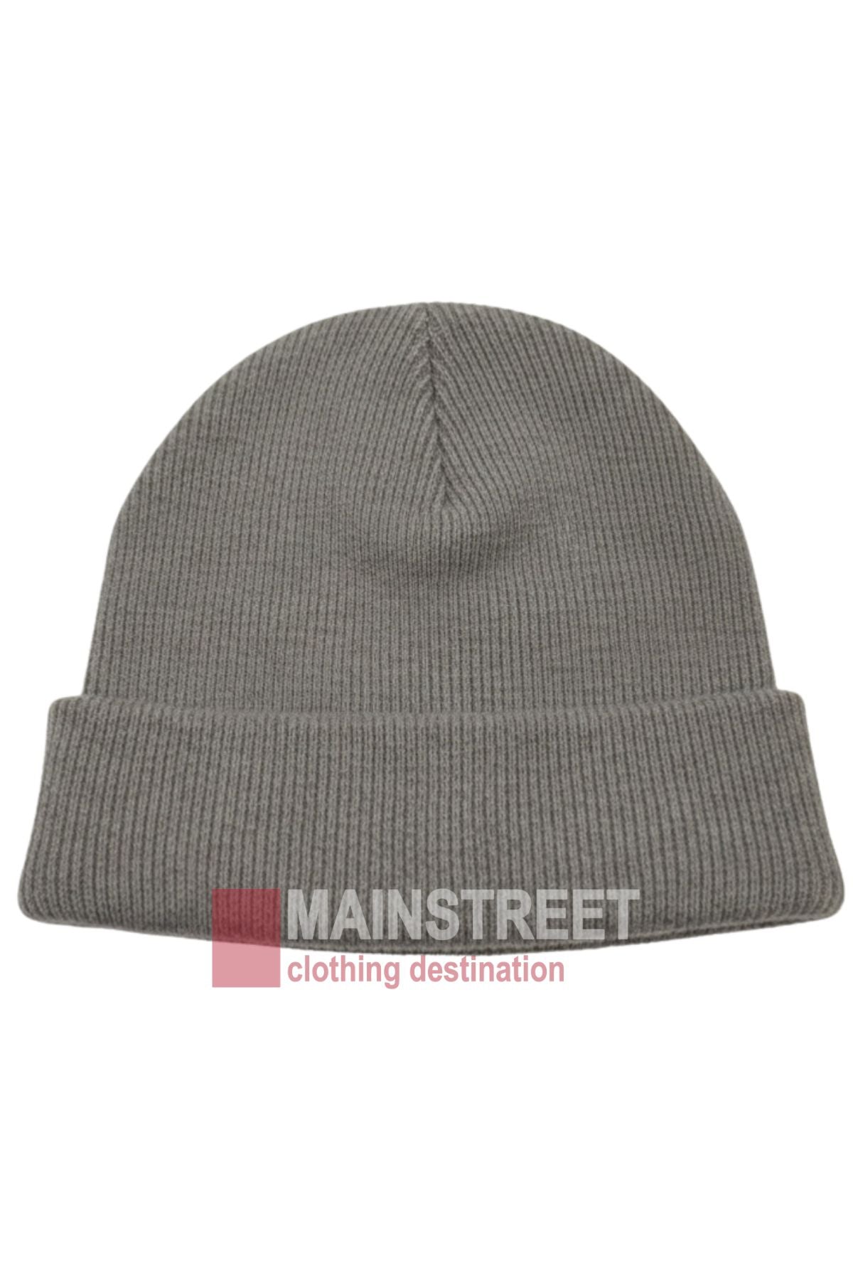 The Anticorp Mens 100% Wool Lined Beanie is a plain light grey ribbed knit with a folded brim, ideal for warmth and classic style in Australian winters. Shown on white with “MAINSTREET clothing destination” at the bottom.