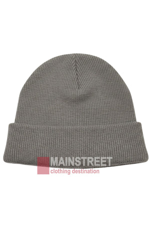 The Anticorp Mens 100% Wool Lined Beanie is a plain light grey ribbed knit with a folded brim, ideal for warmth and classic style in Australian winters. Shown on white with “MAINSTREET clothing destination” at the bottom.