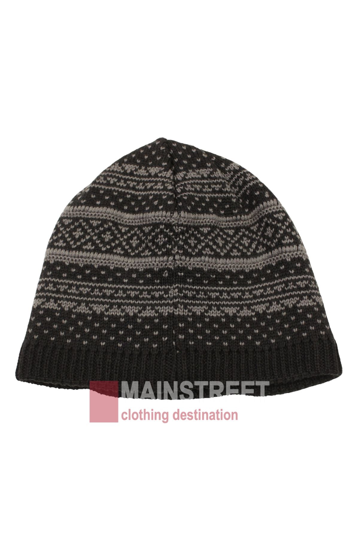 The Anticorp Mens Jacquard Lined Beanie, in black with grey and white horizontal patterns, is shown on a plain white background. The "MAINSTREET clothing destination" watermark appears at the bottom center of the image.