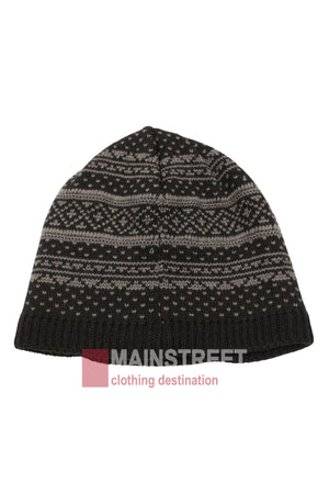 The Anticorp Mens Jacquard Lined Beanie, in black with grey and white horizontal patterns, is shown on a plain white background. The "MAINSTREET clothing destination" watermark appears at the bottom center of the image.