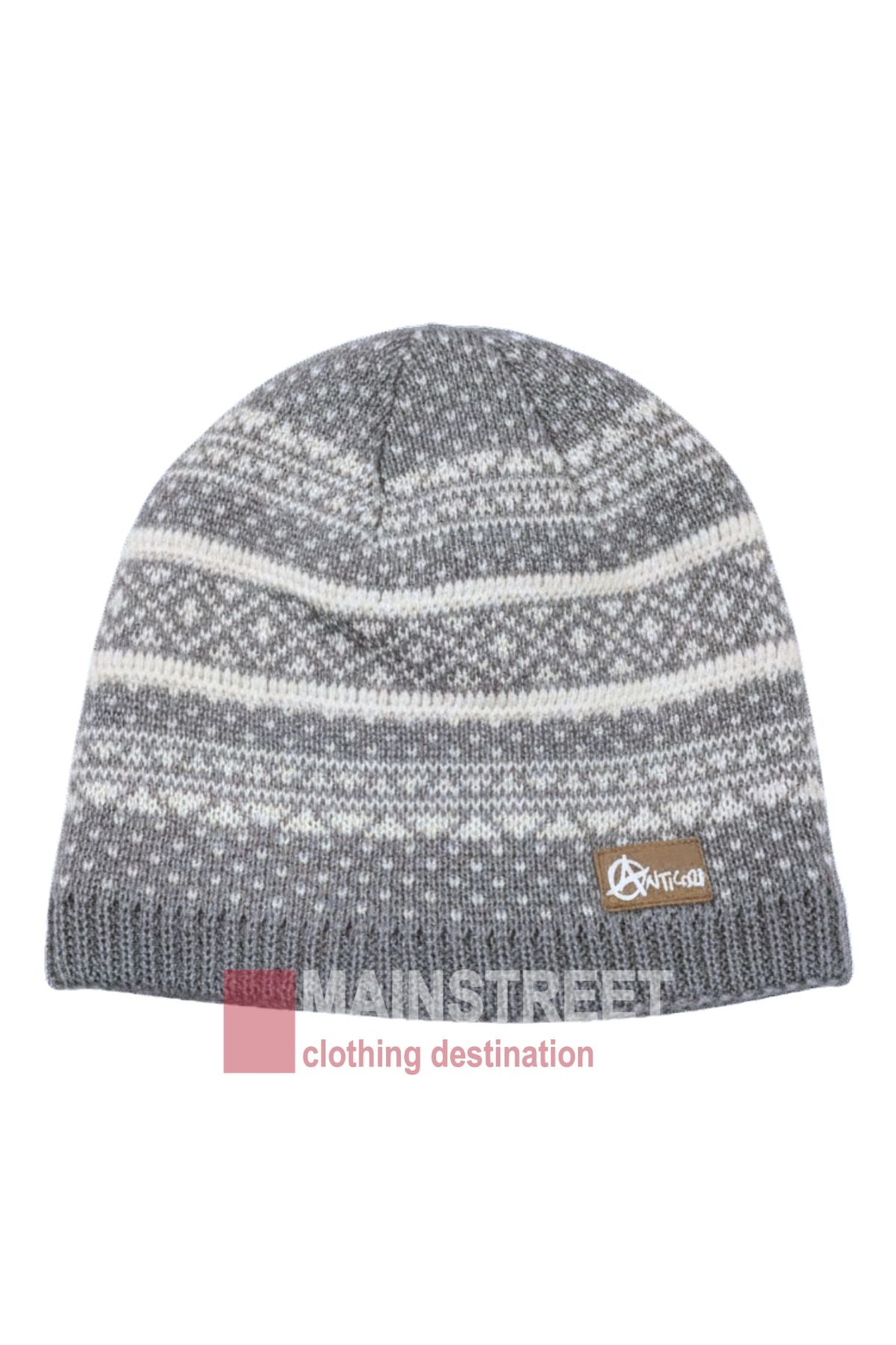 The Anticorp Mens Jacquard Lined Beanie features gray jacquard knit with white patterned stripes and a small brown logo patch on the front. "Mainstreet clothing destination" watermark appears at the bottom.