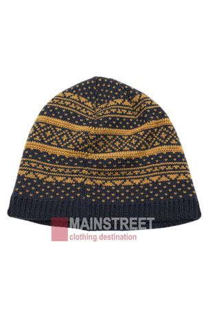 The Anticorp Mens Jacquard Lined Beanie features navy blue and mustard yellow geometric patterns, shown on a white background with "MAINSTREET clothing destination" partially overlaid at the bottom.
