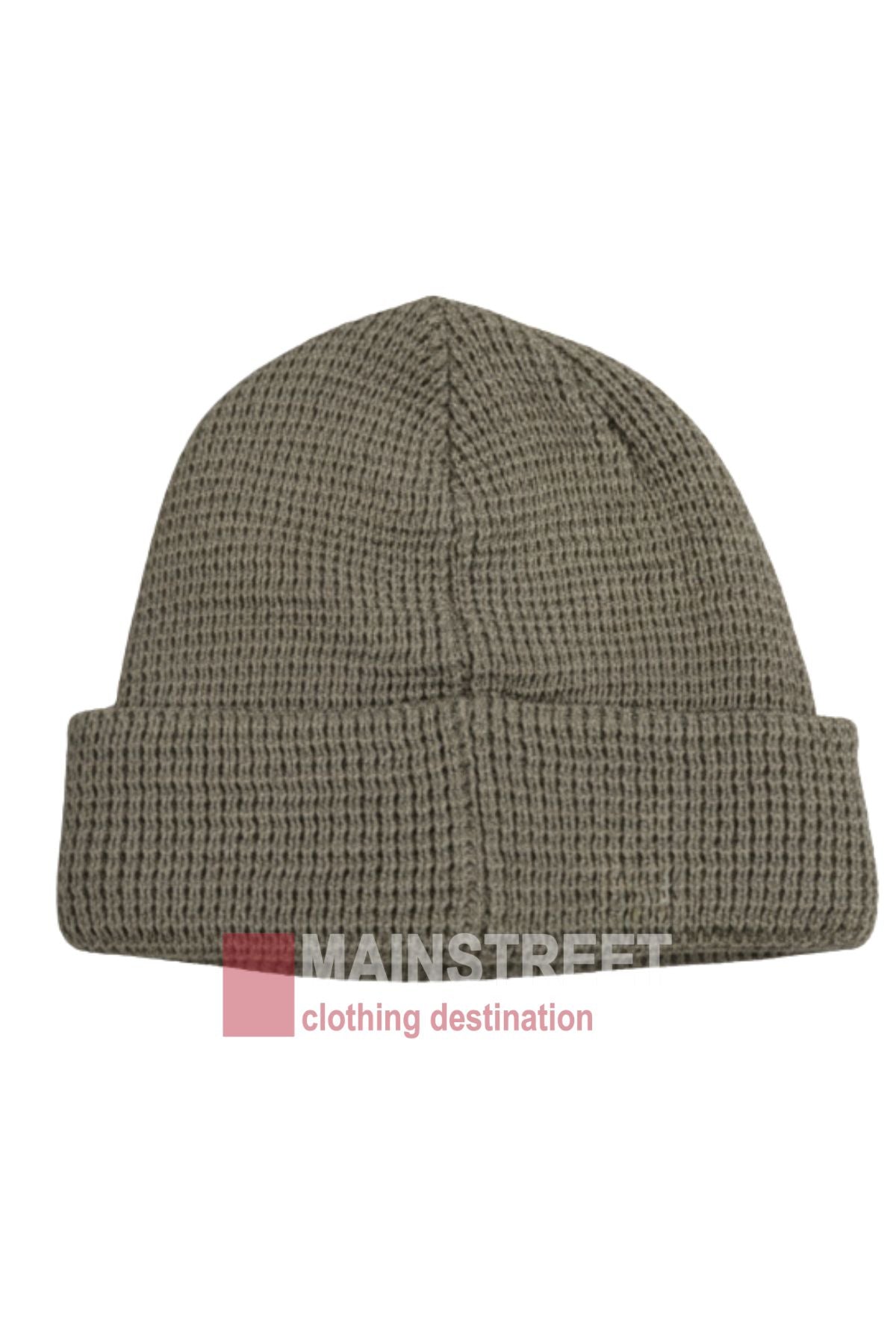 The Anticorp Mens Waffle Beanie in khaki is shown on a white background. "MAINSTREET clothing destination" appears at the bottom, showcasing this comfortable winter accessory.