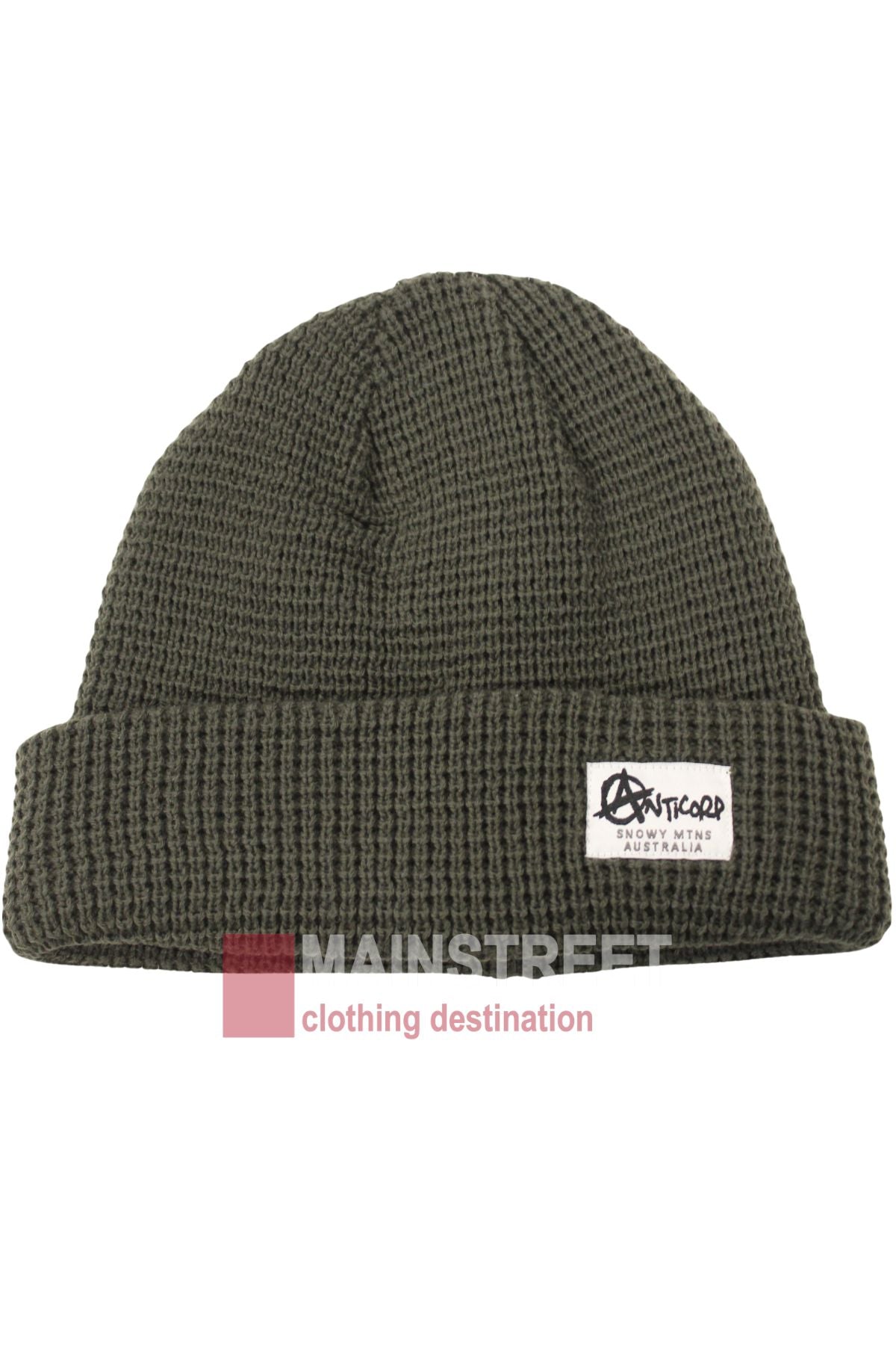 The Anticorp Mens Waffle Beanie is a dark green beanie with a folded brim, featuring a white rectangular patch with black text and graphics on the front—perfect for updating your winter style.