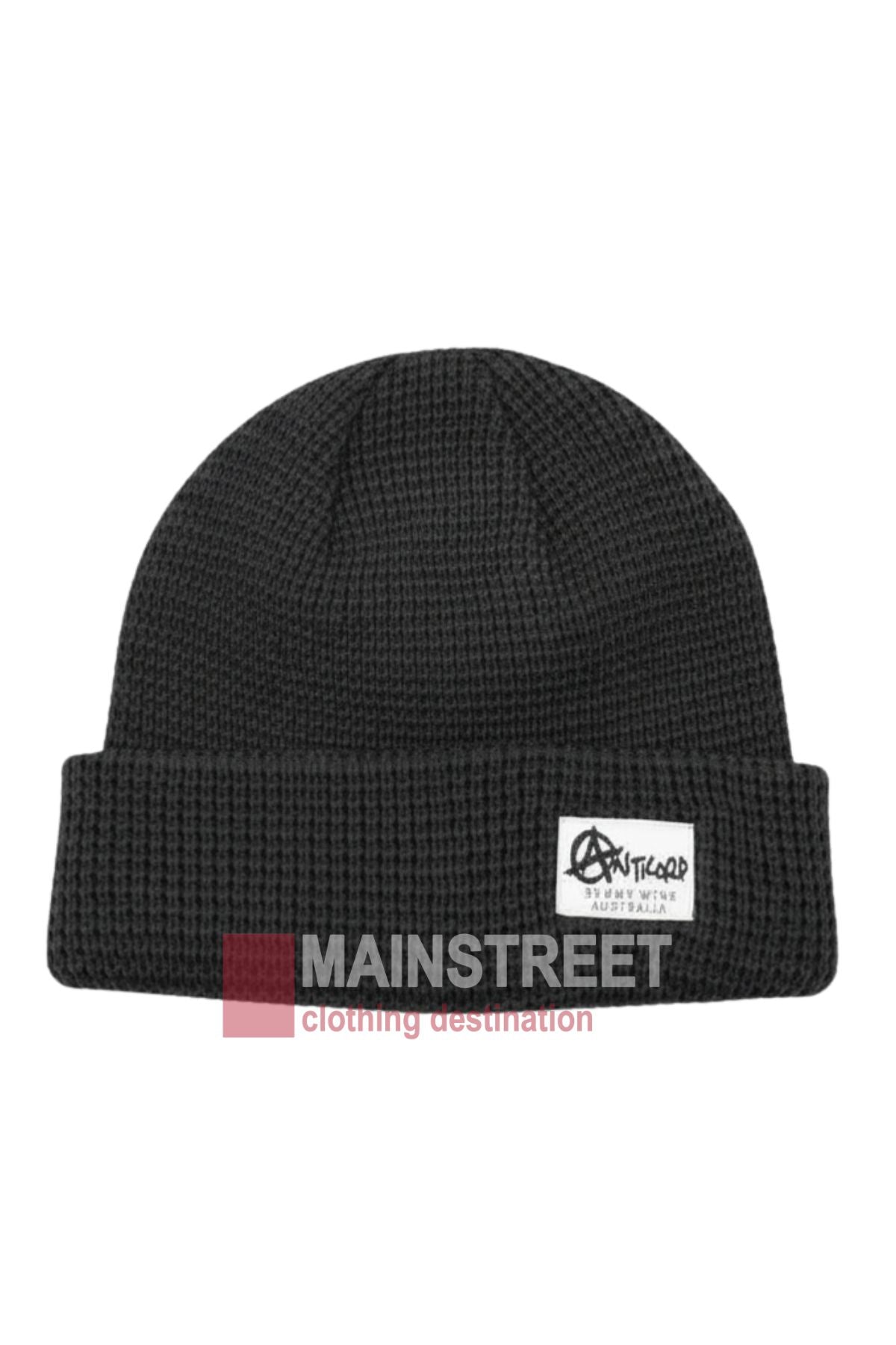 The Anticorp Mens Waffle Beanie is a black acrylic beanie with a folded brim and white logo patch. A "MAINSTREET clothing destination" watermark appears in the image. Ideal for your winter wardrobe.