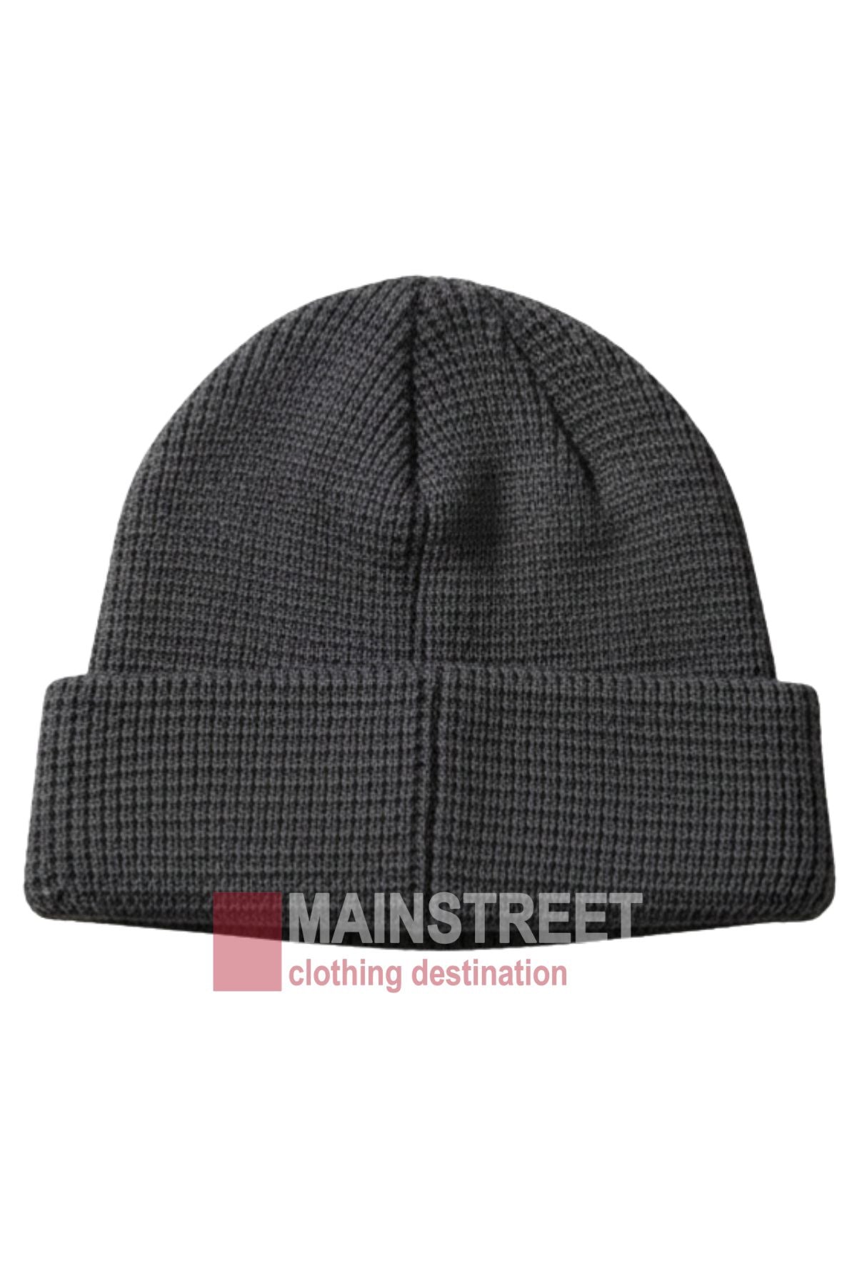 The Anticorp Mens Waffle Beanie, a dark gray ribbed knit with a folded brim made from premium acrylic, is shown against a white background. "MAINSTREET clothing destination" appears in red and gray text. Ideal for winter wear.