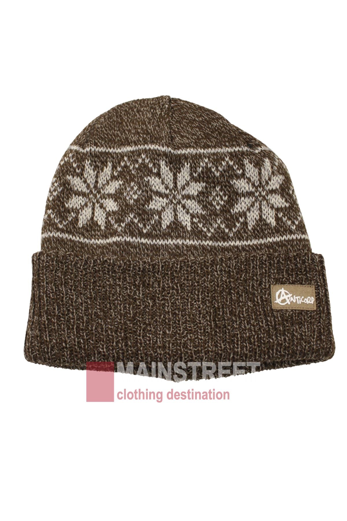 The Anticorp Pattern Beanie is a brown knit hat featuring a white snowflake design, folded brim, and fabric logo tag. "MAINSTREET clothing destination" is partially displayed over this stylish winter essential.