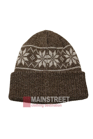 The Anticorp Pattern Beanie is a brown knit hat with white snowflake designs and a folded brim—ideal for your winter style. "MAINSTREET clothing destination" appears at the bottom of the image.