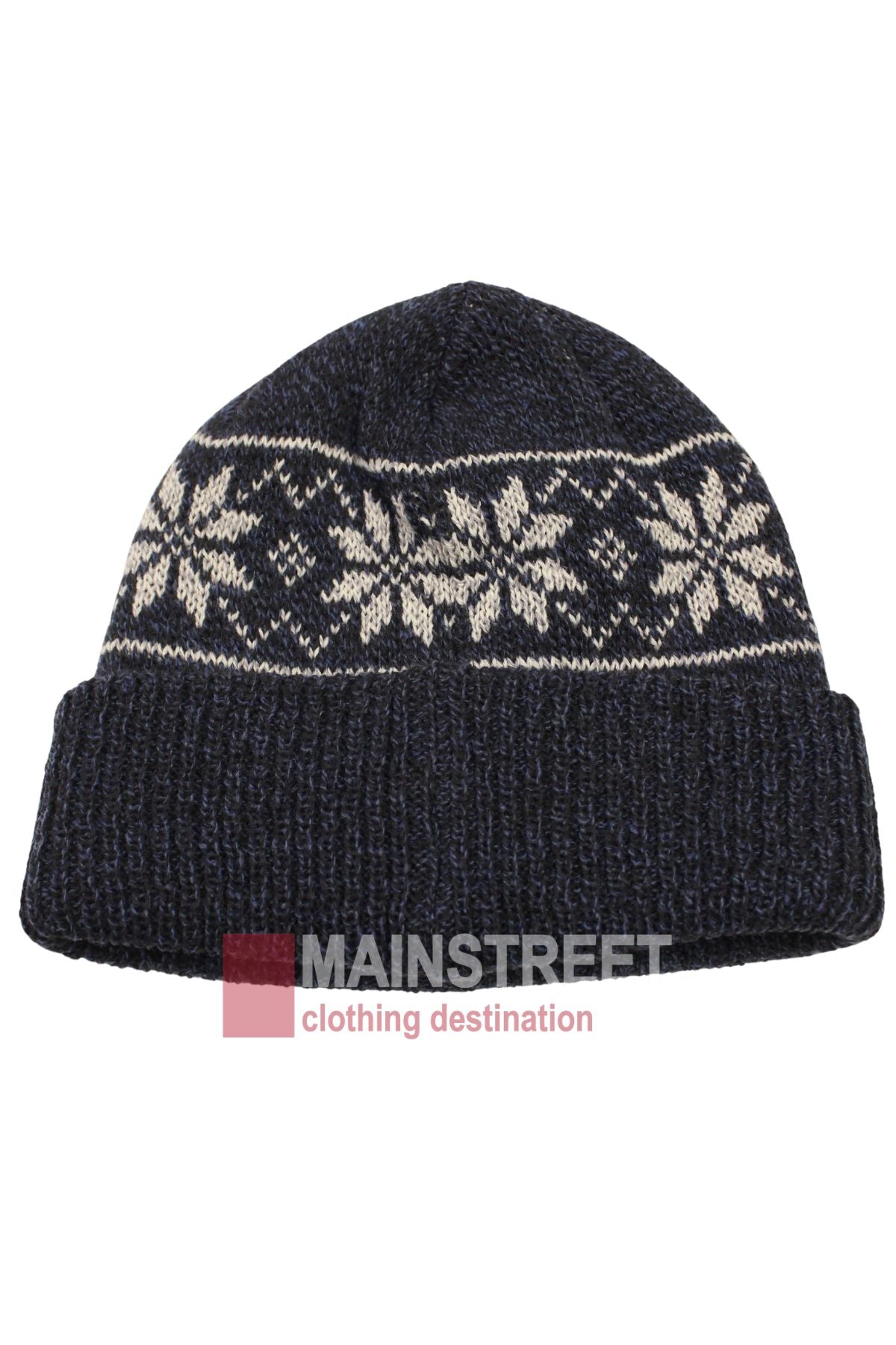 The Anticorp Pattern Beanie features a dark blue color, folded brim, and a white snowflake pattern around the crown—perfect for upgrading your winter style.