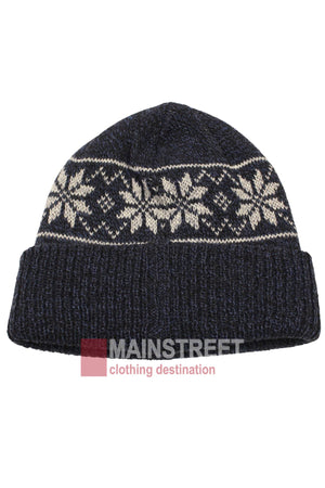 The Anticorp Pattern Beanie features a dark blue color, folded brim, and a white snowflake pattern around the crown—perfect for upgrading your winter style.