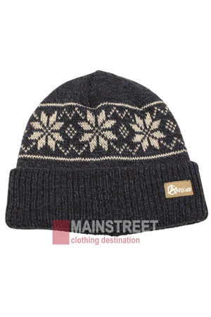 The Anticorp Pattern Beanie features a dark knit, beige snowflake design, ribbed cuff, and tan logo patch on the front—perfect for winter. Displayed on a plain white background with a faint "Mainstreet clothing destination" watermark.